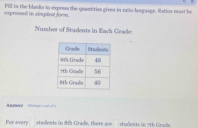 ☆ 
Fill in the blanks to express the quantities given in ratio language. Ratios must be 
expressed in simplest form. 
Number of Students in Each Grade: 
Answer Attempt 1 out of 2 
For every □ students in 8th Grade, there are □ students in 7th Grade.