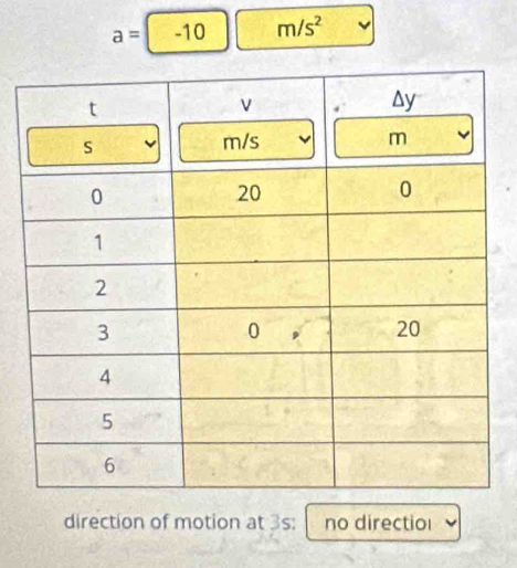 a=-10 m/s^2
direction of motion at 3s : no directiol