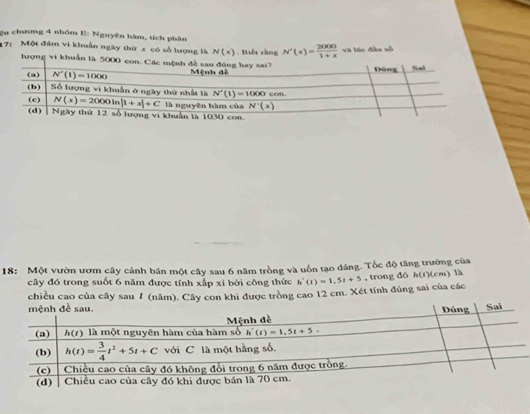 êu chương 4 nhóm E: Nguyên hàm, tích phân
17: Một đám vi khuẩn ngày thứ x có số lượng là N(x). Biết rằng N'(x)= 2000/1+x  và lúc đầu số
lượng vi khuẩn
18: Một vườn ươm cây cảnh bán một cây sau 6 năm trồng và uốn tạo dáng. Tốc độ tăng trưởng của  là
cây đó trong suốt 6 năm được tính xấp xỉ bởi công thức h'(t)=1,5t+5 , trong đó h(t)(cm)
chiều cao của cây sau 1 (năm). Cây con khi được trồng cao 12 cm. Xét tính đúng sai của các