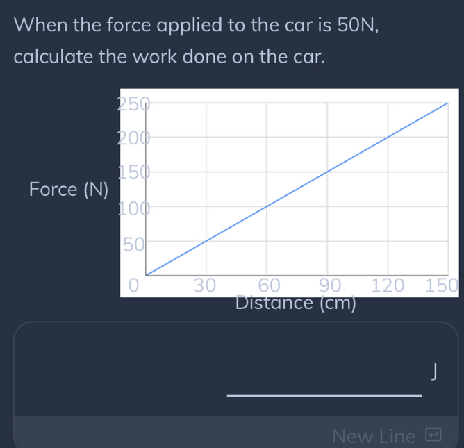 When the force applied to the car is 50N, 
calculate the work done on the car. 
Force (N
0
Distance (cm)
J
New Line