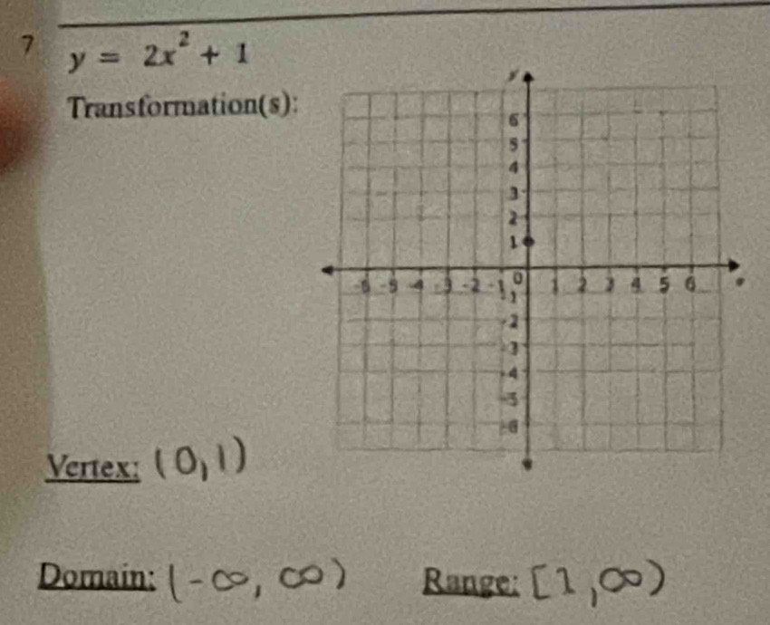 7 y=2x^2+1
Transformation(s): 
Vertex: (0,1)
Domain: