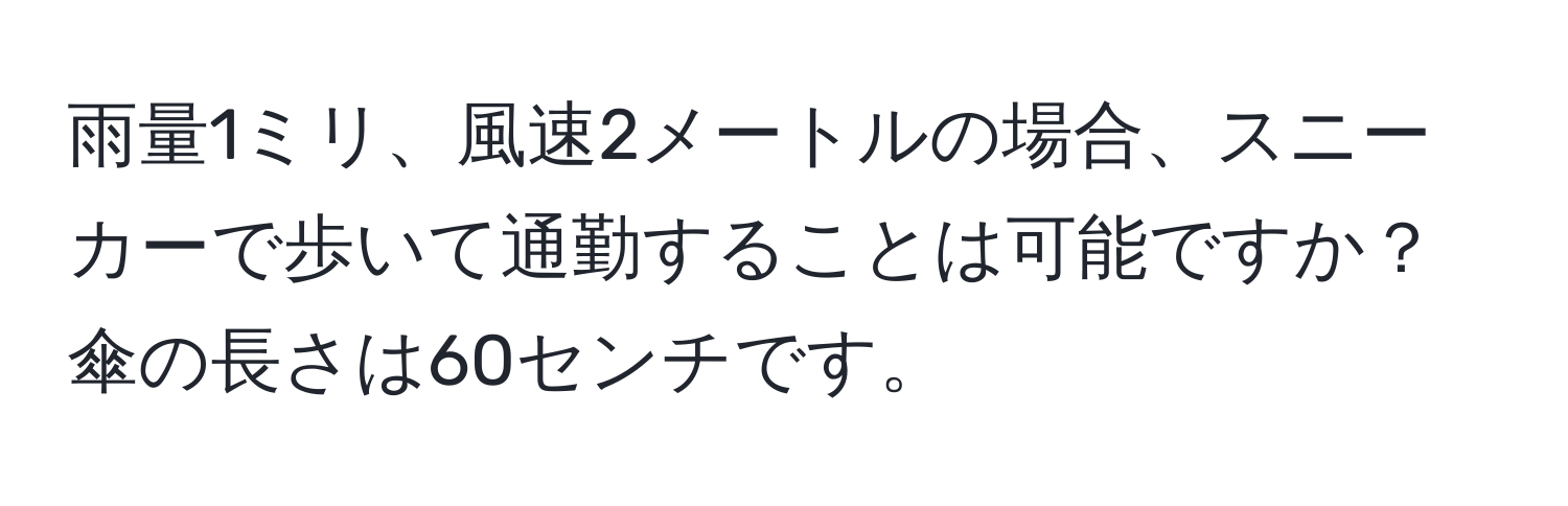 雨量1ミリ、風速2メートルの場合、スニーカーで歩いて通勤することは可能ですか？傘の長さは60センチです。