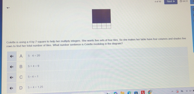 Solved: 4of 10 Next ⊙ 04 21 Colette is using a 4 by 7 square to help ...