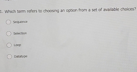 Which term refers to choosing an option from a set of available choices?
Sequence
Selection
Loop
Datatype