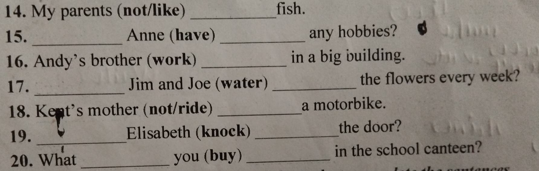 My parents (not/like) _fish. 
15. _Anne (have)_ 
any hobbies? 
16. Andy's brother (work) _in a big building. 
17. _Jim and Joe (water) _the flowers every week? 
18. Kent's mother (not/ride) _a motorbike. 
19. _Elisabeth (knock) _the door? 
20. What _you (buy) _in the school canteen?