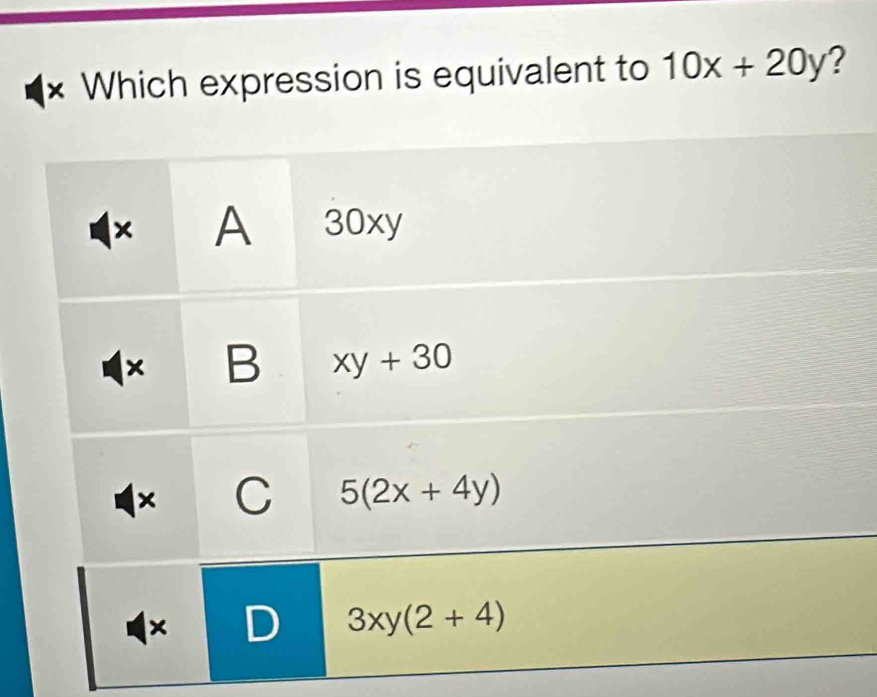 Which expression is equivalent to 10x+20y ?