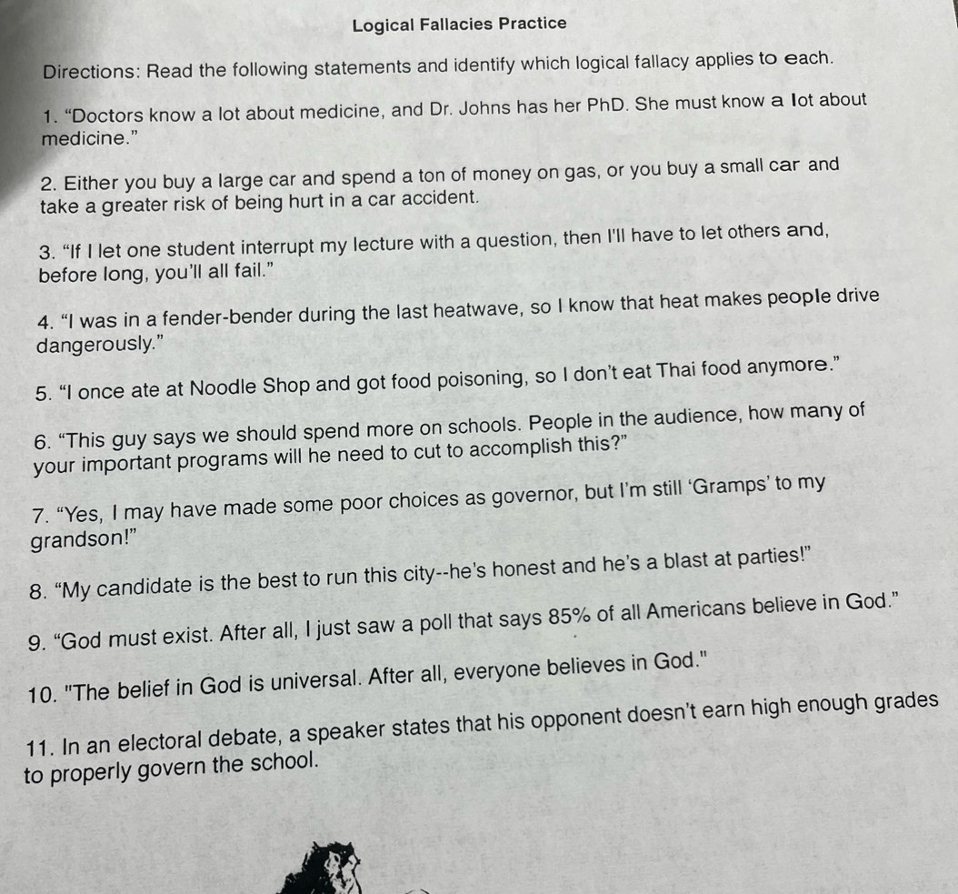 Solved: Logical Fallacies Practice Directions: Read the following ...