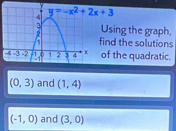 Using the graph,
find the solutions
of the quadratic.
(0,3) and (1,4)
(-1,0) and (3,0)