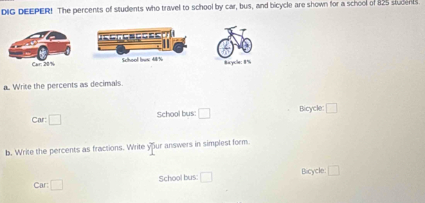 DIG DEEPER! The percents of students who travel to school by car, bus, and bicycle are shown for a school of 825 students. 
Bicycle: 8%
a. Write the percents as decimals. 
Car: □ School bus: □ Bicycle: □ 
b. Write the percents as fractions. Write ypur answers in simplest form. 
School bus: □ Bicycle: □ 
Car: □