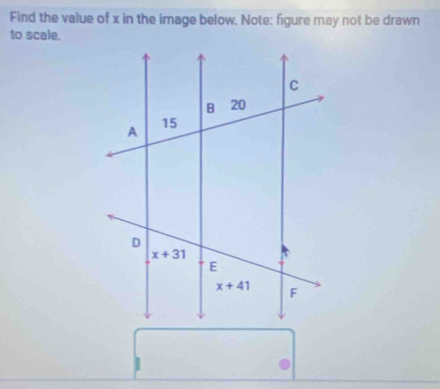 Find the value of x in the image below. Note: figure may not be drawn
to scale.