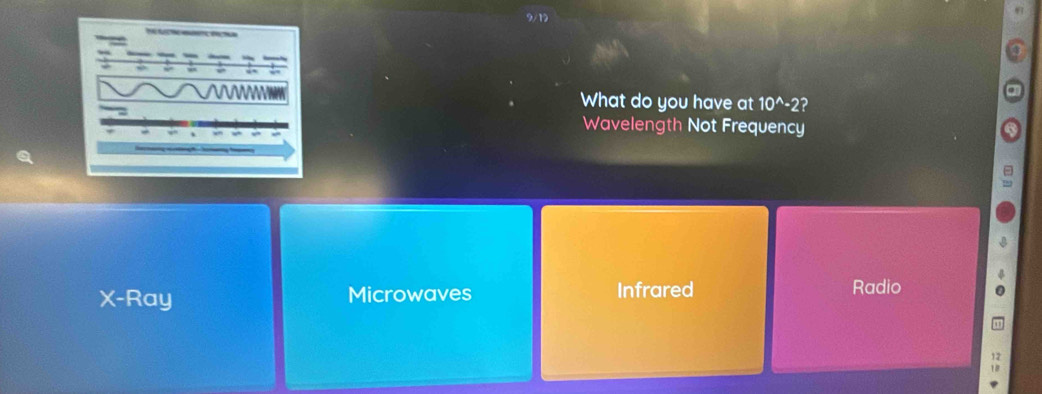 What do you have at 10^(wedge)-2 2
Wavelength Not Frequency
X -Ray Microwaves Infrared Radio