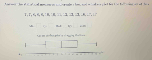 Answer the statistical measures and create a box and whiskers plot for the following set of data.
7, 7, 8, 8, 8, 10, 10, 11, 12, 13, 13, 16, 17, 17
Min: Q1: Med: Q3: Max: 
Create the box plot by dragging the lines: