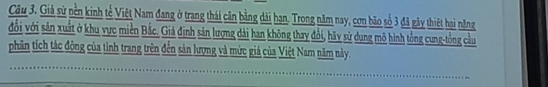 Giả sử nền kinh tế Việt Nam đang ở trang thái cân bằng dài hạn. Trong năm nay, cơn bão số 3 đã gây thiết hại năng 
đổi với sản xuất ở khu vực miền Bắc. Giả định sản lượng dài han không thay đổi, hãy sử dung mô hình tổng cung-tổng cầu 
phân tích tác động của tình trang trên đến sản lượng và mức giá của Việt Nam năm này.