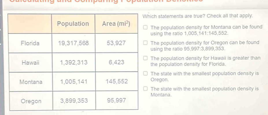 ch statements are true? Check all that apply.
The population density for Montana can be found
using the ratio 1,005,141:145,552.
The population density for Oregon can be found
using the ratio 95,997:3,899,353.
The population density for Hawaii is greater than
the population density for Florida.
The state with the smallest population density is
Oregon.
The state with the smallest population density is
Montana.