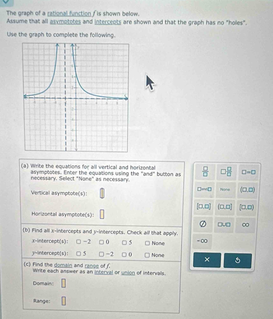 The graph of a rational function ∫ is shown below.
Assume that all asymptotes and intercepts are shown and that the graph has no "holes".
Use the graph to complete the following.
(a) Write the equations for all vertical and horizontal
asymptotes. Enter the equations using the "and" button as  □ /□   □  □ /□   □ =□
necessary. Select "None" as necessary.
Jan □ 
Vertical asymptote(s): None (□ ,□ )
[□ ,□ ] (□ ,□ ] [□ ,□ )
Horizontal asymptote(s):
□ U□ ∞
(b) Find all x-intercepts and y-intercepts. Check a// that apply.
x-intercept(s): -2 0 5 None
-∞
y-intercept(s): 5 -2 0 None
×
(c) Find the domain and range of f.
Write each answer as an interval or union of intervals.
Domain:
Range: