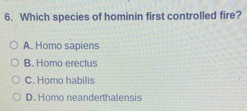 Which species of hominin first controlled fire?
A. Homo sapiens
B. Homo erectus
C. Homo habilis
D. Homo neanderthalensis