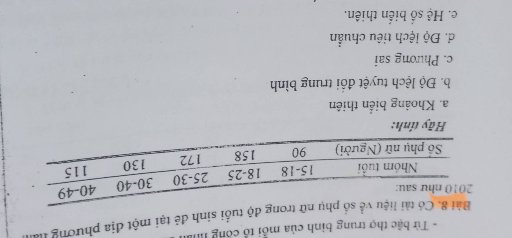 Từ bậc thợ trung bình của mỗi tổ công ha 
g độ tuổi sinh đẻ tại một địa phương va 
Hãy tính: 
a. Khoảng biến thiên 
b. Độ lệch tuyệt đổi trung bình 
c. Phương sai 
d. Độ lệch tiêu chuẩn 
e. Hệ số biến thiên.