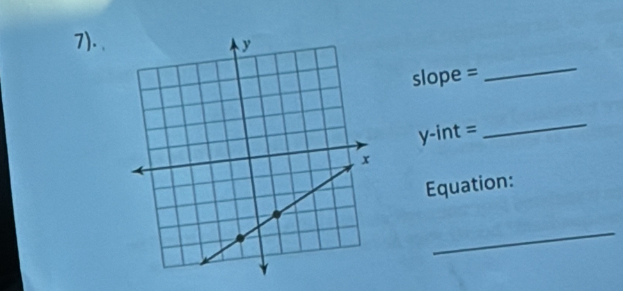 7).
slope =_ 
y-int =
_ 
Equation: 
_