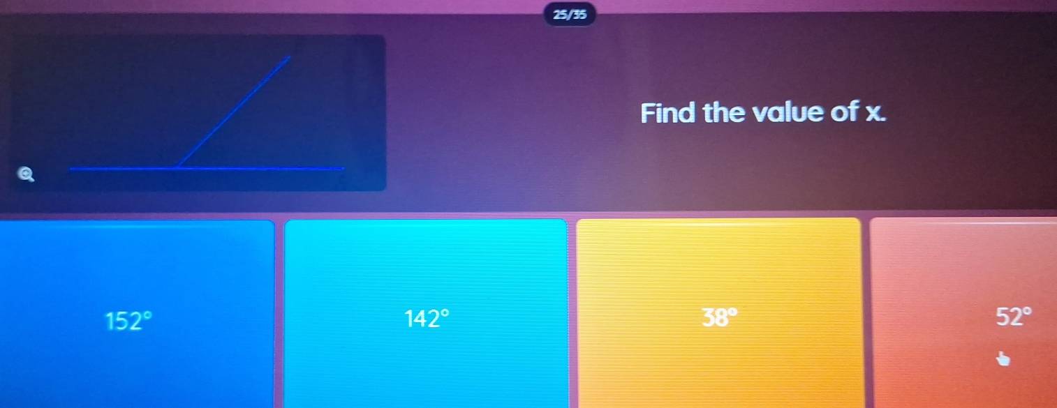 25/35
Find the value of x.
152°
142°
38°
52°