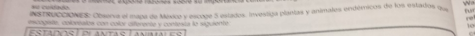 su cuídado. 
o 
NSTRUCCIONES: Observa el mana de México y escoge 5 estados. Investiga plantas y animales endémicos de los estados que fur 
re 
escogiste, coloréalos con color diferente y contesta lo siguiente:
10
ESTADOS n t a e