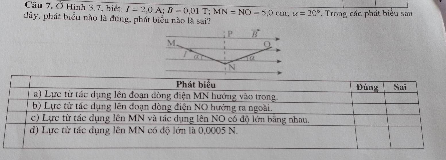 Ở Hình 3.7, biết: I=2,0A;B=0,01T;MN=NO=5,0cm;alpha =30°. Trong các phát biểu sau
đây, phát biểu nào là đúng, phát biểu nào là sai?