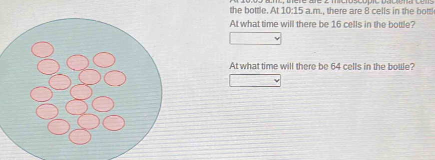 microscópic Dactena céns 
the bottle. At 10:15 a.m there are 8 cells in the bottl 
At what time will there be 16 cells in the bottle? 
At what time will there be 64 cells in the bottle?