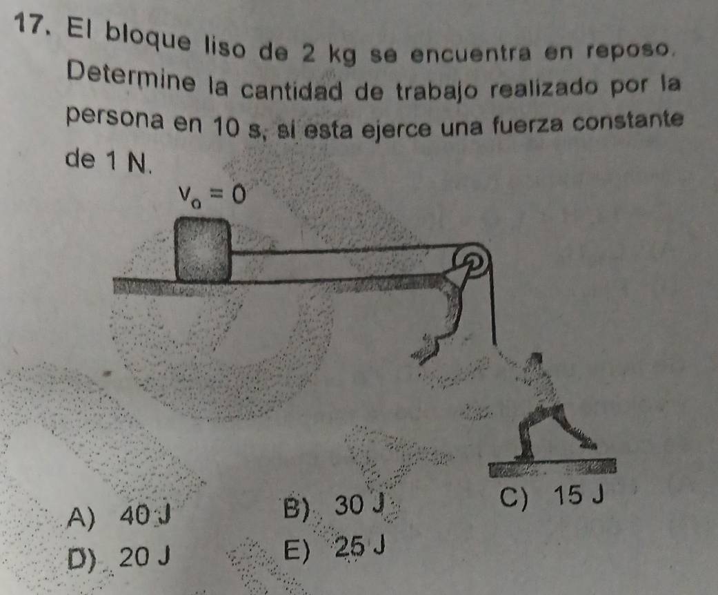 El bloque liso de 2 kg se encuentra en reposo.
Determine la cantidad de trabajo realizado por la
persona en 10 s, sí esta ejerce una fuerza constante
de 1 N.
D) 20 J E) 25 J