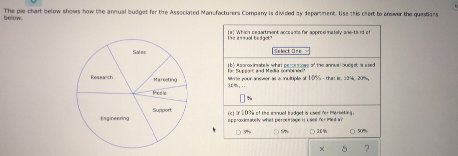 The pie chart below shows how the annual budget for the Associated Manufacturers Company is divided by department. Use this chart to answer the questions
below.
(a) Which department accounts for approximately one-third of
the annual budget?
Select One v
(b) Approximately what percentage of the annual budget is used
for Support and Media combined?
Write your answer as a multiple of 10% - that is, 10%, 20%,
30%, ...
%
(c) If 10% of the annual budget is used for Marketing,
approximately what percentage is used for Media?
3% 5% 20% 50%
× ?