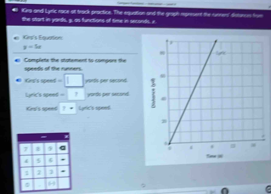 at gue a 
Kina and Lyic race at track proctice. The cquation and the gragh represent the unner' deteron from 
the start in yandn, 3. as funciions of time in sesonda, 2. 
Kro's Enuaion:
y=5x
Complete the statement to compore the 
speeds of the namen. 
Kind's apsed =□ yards par second. 
Lyr'c's apeed =? yards per seaand. 
Krats apeed 2 Lyn's's speed. 
Time (i