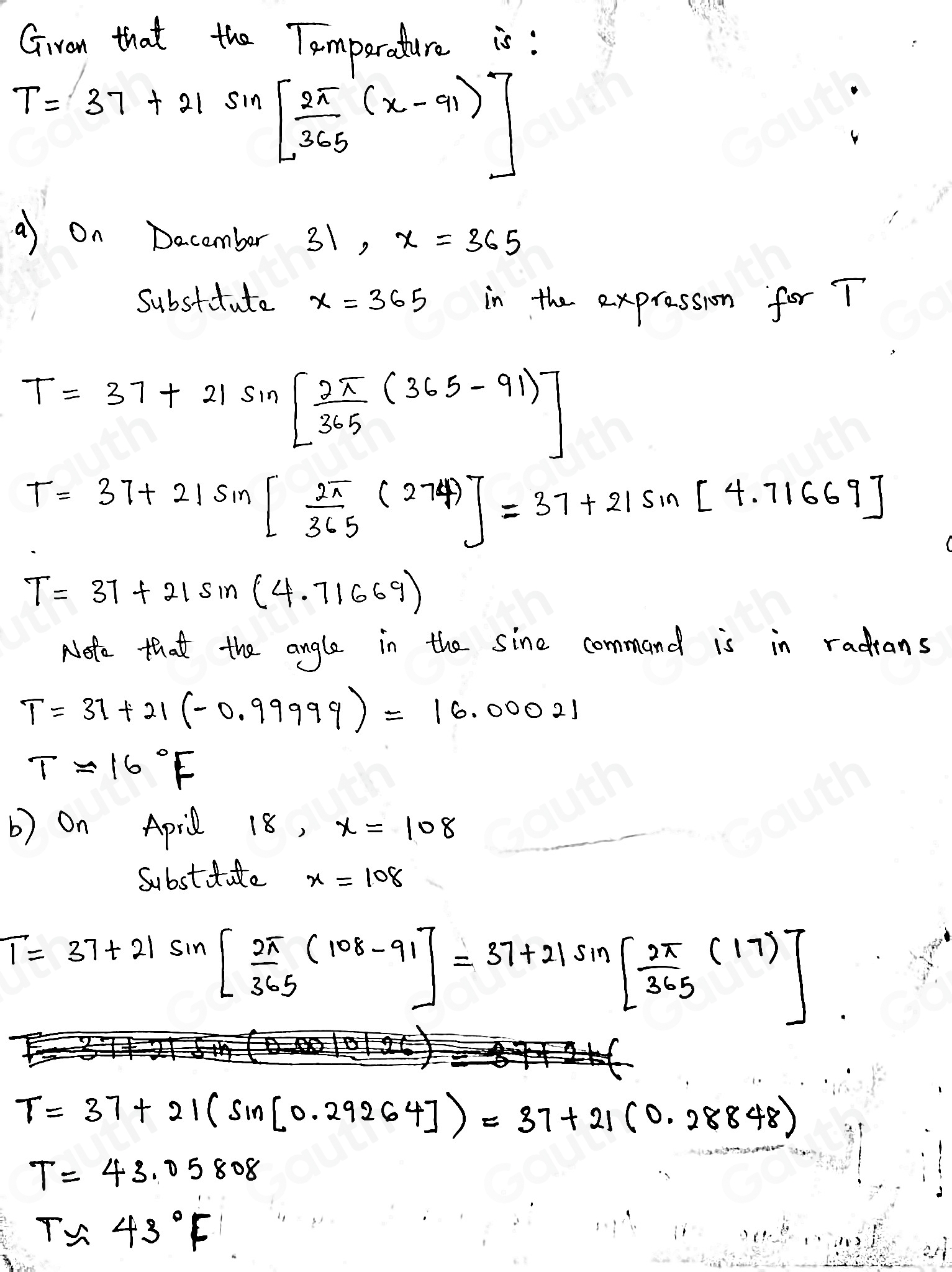 Solved: The temperature in a certain city is modeled by T(x)=37+21sin ...