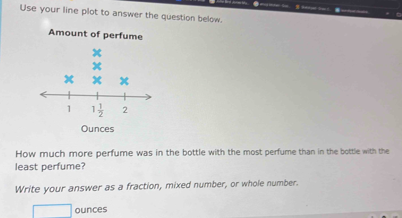 Jule Bind Jone My enng kndken  Soo
         
Use your line plot to answer the question below.
Amount of p
How much more perfume was in the bottle with the most perfume than in the bottle with the
least perfume?
Write your answer as a fraction, mixed number, or whole number.
□ ounces