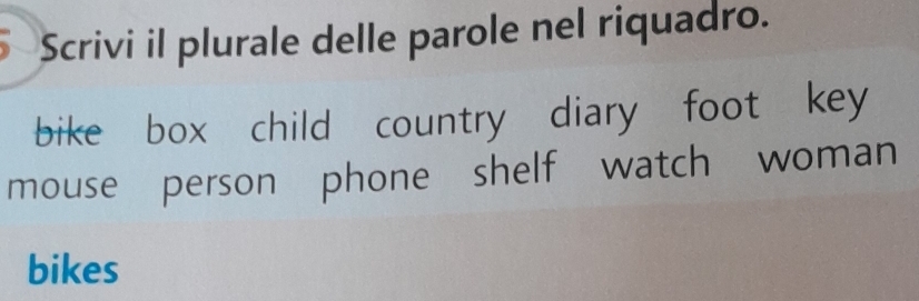 Scrivi il plurale delle parole nel riquadro. 
bike box child country diary foot key 
mouse person phone shelf watch woman 
bikes