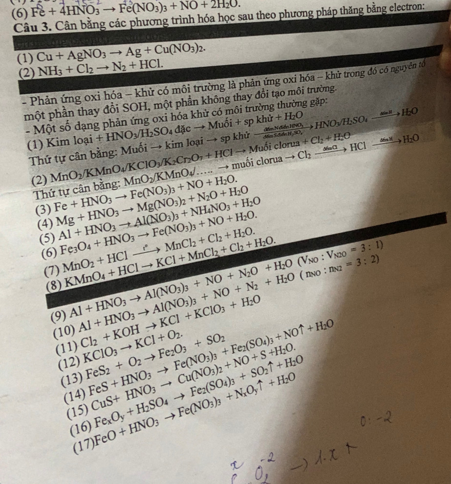 Fe+4HNO_3to Fe(NO_3)_3+NO+2H_2O.
(6)
Câu 3. Cân bằng các phương trình hóa học sau theo phương pháp thăng bằng electron:
(1) Cu+AgNO_3to Ag+Cu(NO_3)_2.
(2 NH_3+Cl_2to N_2+HCl.
- Phản ứng oxi hóa - khử có môi trường là phản ứng oxi hóa - khử trong đó có nguyên tổ
một phần thay đồi SOH, một phần không thay đổi tạo môi trường.
- Một số dạng phản ứng oxi hóa khử có môi trường thường gặp:
(1) Kim loai +HNO_3/H_2SO_4dacto Muhat Oi+spkhir+H_2O kimloaito spkhirfrac dimNdidnHNO_3dimSditnH_2SO_4to HNO_3/H_2SO_4xrightarrow dimilH_2O
Thứ tự cân bằng: Muối →
(2) MnO_2/KMnO_4/..... to muối clorua 1ato Cl_2xrightarrow △ ≤slant nClxrightarrow dinHH_2HH_2O
Thứ tự cân bằng: MnO_2/KMnO_4/KClO_3/K_2Cr_2O_7+HClto Muhat oiclorua+Cl_2+H_2O
(3) Fe+HNO_3to Fe(NO_3)_3+NO+H_2O. Mg+HNO_3to Mg(NO_3)_2+N_2O+H_2O
(4) Al+HNO_3to Al(NO_3)_3+NH_4NO_3+H_2O Fe_3O_4+HNO_3to Fe(NO_3)_3+NO+H_2O.
(5)
(6) MnO_2+HClto MnCMnCl_2+Cl_2+H_2O. KMnO_4+HClto KCl+MnCl_2+Cl_2+H_2O.
(7)
(8)
Al+HNO_3to Al(NO_3)_3+NO+N_2O+H_2O(V_NO:V_N20=3:1)
(9) Al+HNO_3to Al(NO_3)_3+NO+N_2+H_2O(n_NO:n_N2=3:2)
(10) Cl_2+KOHto KCl+KClO_3+H_2O
(11) KClO_3to KCl+O_2. FeS_2+O_2to Fe_2O_3+SO_2 FeS+HNO_3to Fe(NO_3)_3+Fe_2(SO_4)_3+NOuparrow +H_2O
(12)
(13)
(14) CuS+HNO_3to Cu(NO_3)_2+NO+S+H_2O. Fe_xO_y+H_2SO_4to Fe_2(SO_4)_3+SO_2uparrow +H_2O
(16) FeO+HNO_3to Fe(NO_3)_3+N_xO_yuparrow +H_2O
(15)
(17)