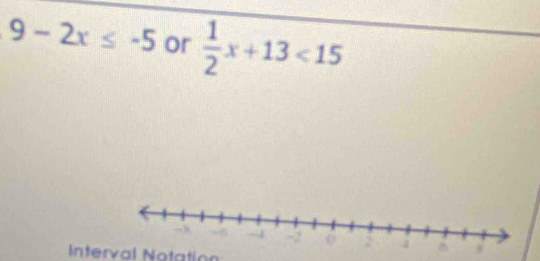 9-2x≤ -5 or  1/2 x+13<15</tex> 
Interval Notation