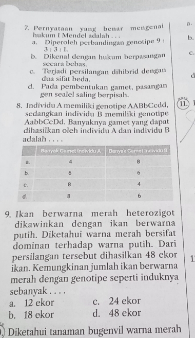 Pernyataan yang benar mengenai a.
hukum I Mendel adalah. . .
a. Diperoleh perbandingan genotipe 9 : b.
3:3:1.
b. Dikenal dengan hukum berpasangan C.
secara bebas.
c. Terjadi persilangan dihibrid dengan d
dua sifat beda.
d. Pada pembentukan gamet, pasangan
gen sealel saling berpisah.
8. Individu A memiliki genotipe AABbCcdd, 11. 
sedangkan individu B memiliki genotipe
AabbCcDd. Banyaknya gamet yang dapat
dihasilkan oleh individu A dan individu B
adalah . . . .
9. Ikan berwarna merah heterozigot
dikawinkan dengan ikan berwarna
putih. Diketahui warna merah bersifat
dominan terhadap warna putih. Dari
persilangan tersebut dihasilkan 48 ekor 1
ikan. Kemungkinan jumlah ikan berwarna
merah dengan genotipe seperti induknya
sebanyak . . . .
a. 12 ekor c. 24 ekor
b. 18 ekor d. 48 ekor
Diketahui tanaman bugenvil warna merah