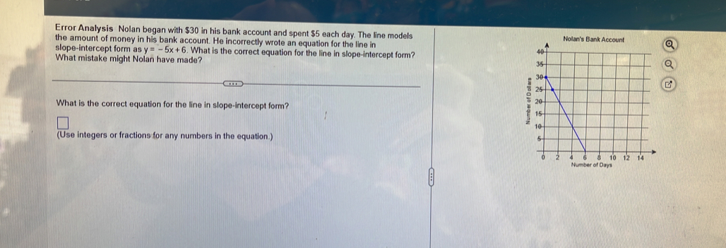 Error Analysis Nolan began with $30 in his bank account and spent $5 each day. The line models 
the amount of money in his bank account. He incorrectly wrote an equation for the line in 
slope-intercept form as y=-5x+6. What is the correct equation for the line in slope-intercept form? 
What mistake might Nolan have made? 
What is the correct equation for the line in slope-intercept form? 
(Use integers or fractions for any numbers in the equation.)