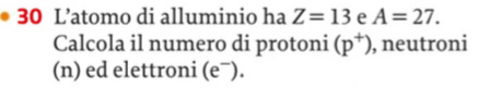 L’atomo di alluminio ha Z=13 e A=27. 
Calcola il numero di protoni (p^+) , neutroni 
(n) ed elettroni (e¯).