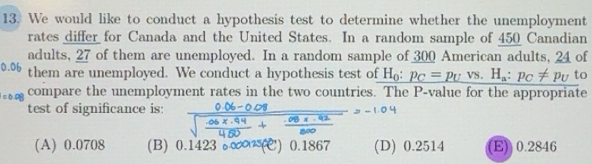 Solved: We would like to conduct a hypothesis test to determine whether ...