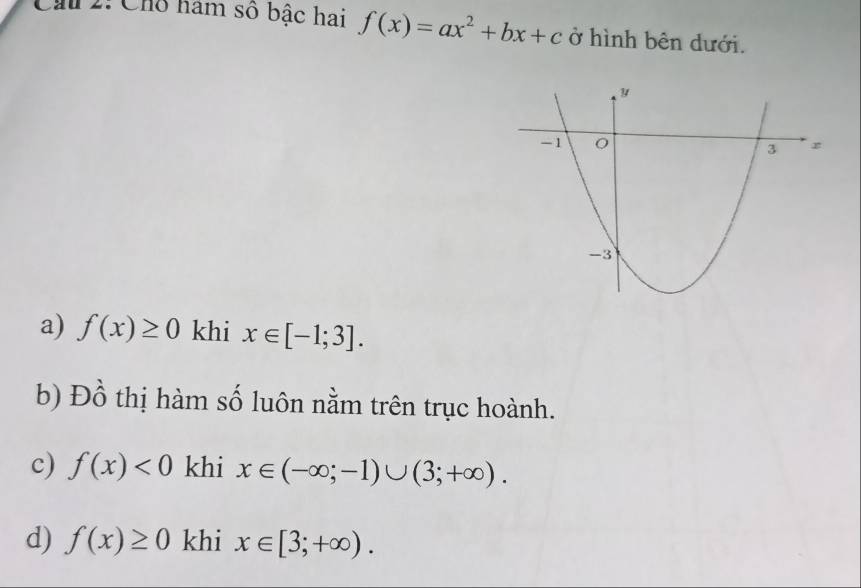 Ch 2: Chỗ ham số bậc hai f(x)=ax^2+bx+c ở hình bên dưới. 
a) f(x)≥ 0 khi x∈ [-1;3]. 
b) Đồ thị hàm số luôn nằm trên trục hoành. 
c) f(x)<0</tex> khi x∈ (-∈fty ;-1)∪ (3;+∈fty ). 
d) f(x)≥ 0 khi x∈ [3;+∈fty ).