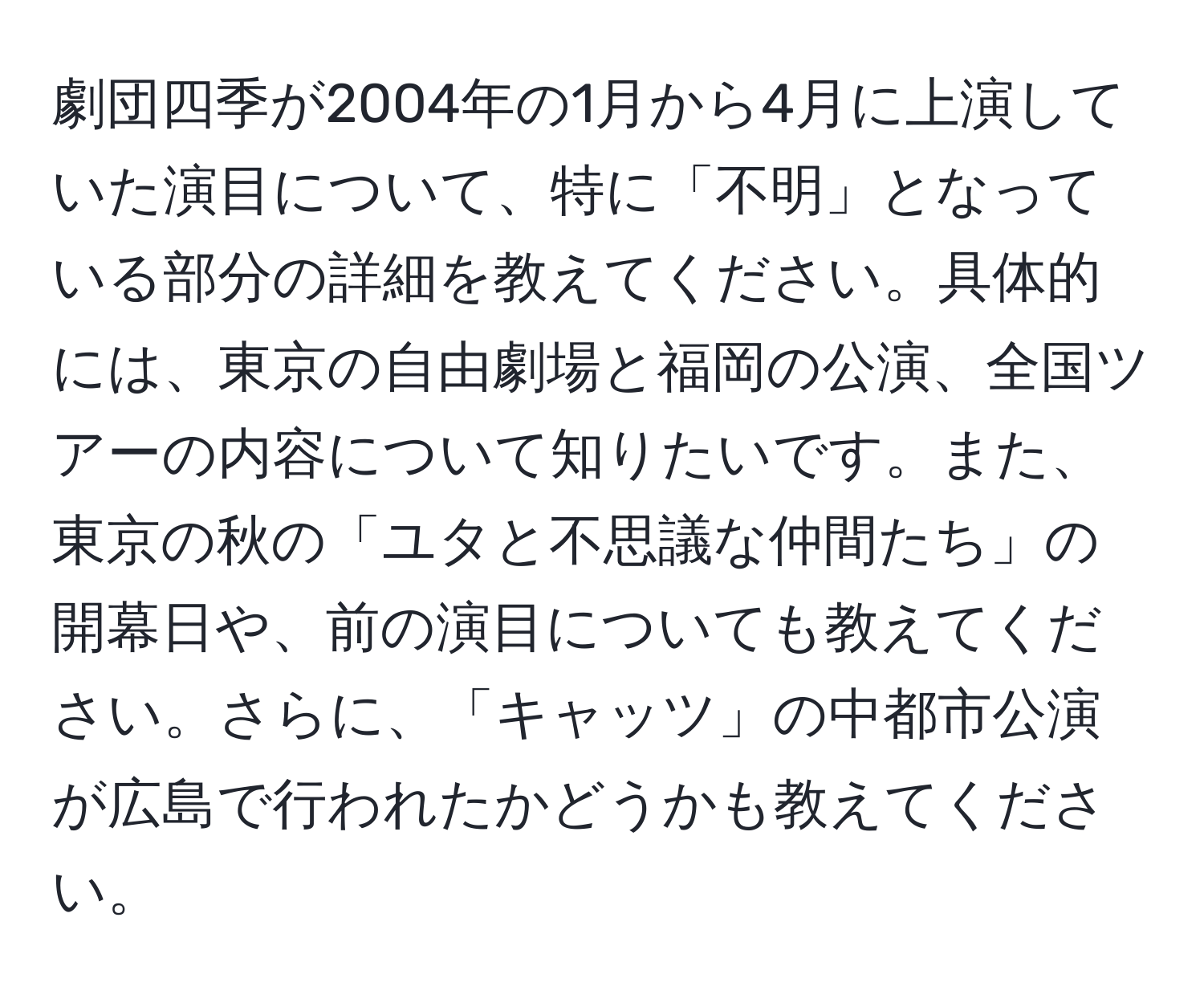 劇団四季が2004年の1月から4月に上演していた演目について、特に「不明」となっている部分の詳細を教えてください。具体的には、東京の自由劇場と福岡の公演、全国ツアーの内容について知りたいです。また、東京の秋の「ユタと不思議な仲間たち」の開幕日や、前の演目についても教えてください。さらに、「キャッツ」の中都市公演が広島で行われたかどうかも教えてください。