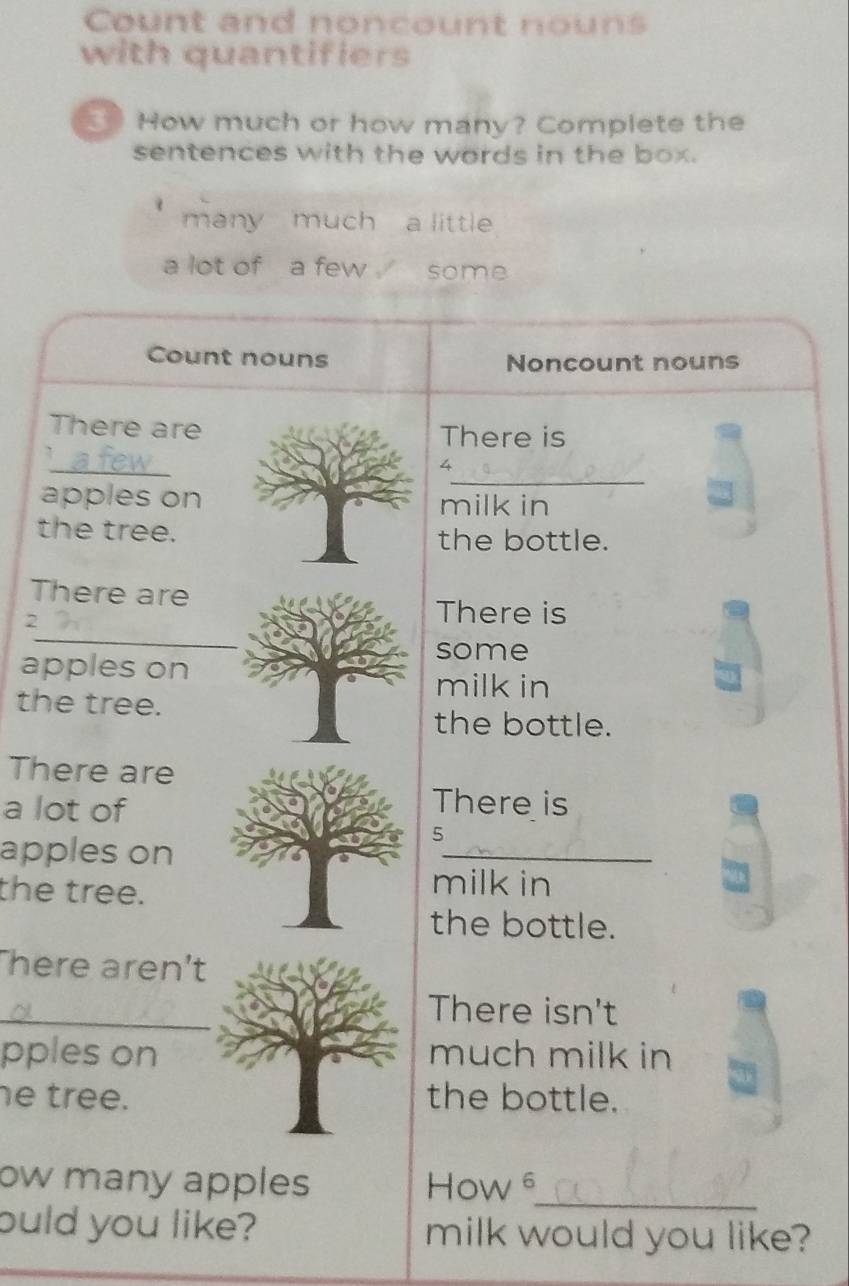 Count and noncount nouns 
with quantifiers 
How much or how many? Complete the 
sentences with the words in the box. 
many much a little 
a lot of a few some 
Count nouns Noncount nouns 
There are There is 
_ 
_ 
apples on milk in 
the tree. 
the bottle. 
There are 
_ 
2 
There is 
some 
apples on 
milk in 
the tree. 
the bottle. 
There are 
a lot of 
There is 
apples on 
_ 
5 
the tree. 
milk in 
the bottle. 
here aren't 
_ 
There isn't 
pples on much milk in 
he tree. the bottle. 
_ 
ow many apples How 6
ould you like? milk would you like?