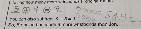 to find how many more wristbands Francine made. 
_ 
_ 
_ 
You can also subtract. 9-5=4
So, Francine has made 4 more wristbands than Jon.