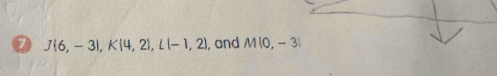 a J(6,-3), K(4,2), L(-1,2) , and M(0,-3)