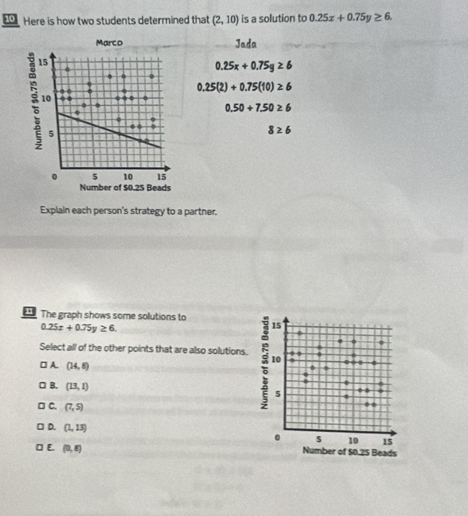 Here is how two students determined that (2,10) is a solution to 0.25x+0.75y≥ 6. 
Marco Jada
15
0.25x+0.75y≥ 6
0.25(2)+0.75(10)≥ 6
10
0.50+7.50≥ 6
1 5
8≥ 6
0 5 10 15
Number of $0.25 Beads
Explain each person's strategy to a partner.
The graph shows some solutions to
0.25x+0.75y≥ 6.
15
Select all of the other points that are also solutions.
] A. (14,8)
B. (13,1)
C. (7,5)
3 10
5
D. (1,13)
5 10 15
E. (0,8) Number of $0.25 Beads