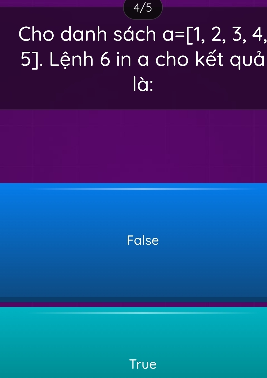 4/5
Cho danh sách a=[1,2,3,4,
5]. Lệnh 6 in a cho kết quả
là:
False
True