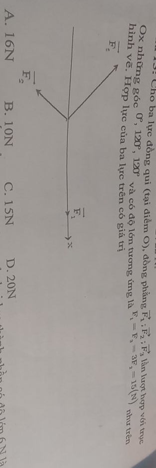 3: Cho ba lực đồng qui (tại điểm O), đồng phẳng vector F_1;vector F_2;vector F_3 lần lượt hợp với trục
Ox những góc 0°,120°,120° và có độ lớn tương ứng là F_1=F_3=3F_2=15(N) như trên
hình vẽ. Hợp lực của
A. 16N B. 10N C. 15N D. 20N
n 6 N là