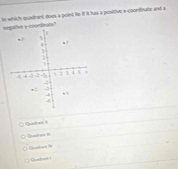 in which quadrant does a point lie if it has a positive x-coordinate and a
negative y-coordinate?
Quedrent I
Quadrant IIII
Quadtant IV
Quadrant I