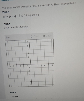 This question has two parts. First, answer Part A. Then, answer Part B. 
Part A 
Solve |x-2|-3≤ 0 by graphing. 
Part A 
Graph a related function. 
Undo 
Part B 
Part B