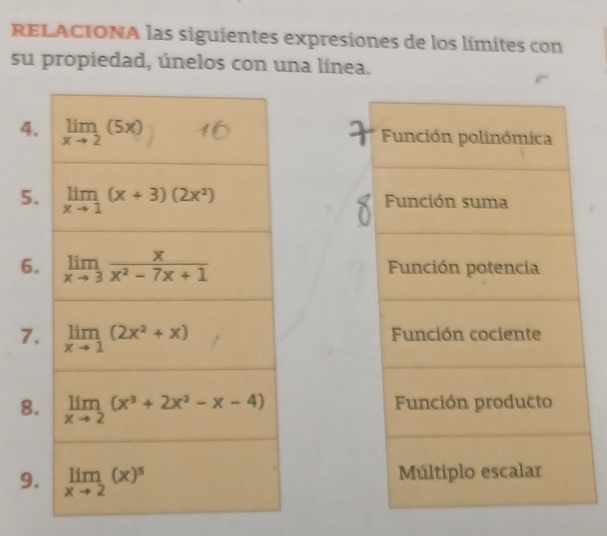 RELACIONA las siguientes expresiones de los límites con
su propiedad, únelos con una línea.
4.
5. 
6. 
7. 
8. 
9.