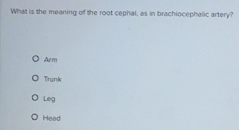 Solved: What is the meaning of the root cephal, as in brachiocephalic ...